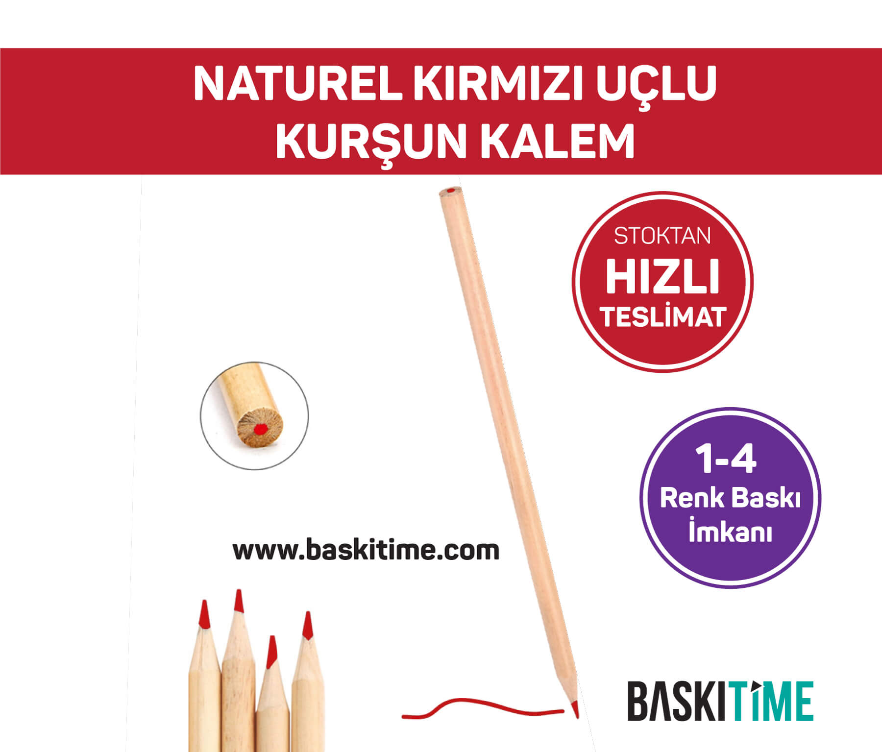 Naturel Kırmızı Uçlu Kurşun Kalem